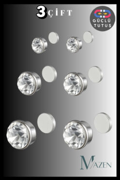 MAZEN 3 Çift Mıknatıslı Tek Taş Küpe | Güçlü Tutuş | Deliksiz Kullanım | Unisex Aksesuar (2 - 4 - 6 mm )