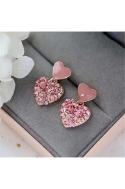 Pelin Aksesuar Pembe Taşlı Kalp Küpe