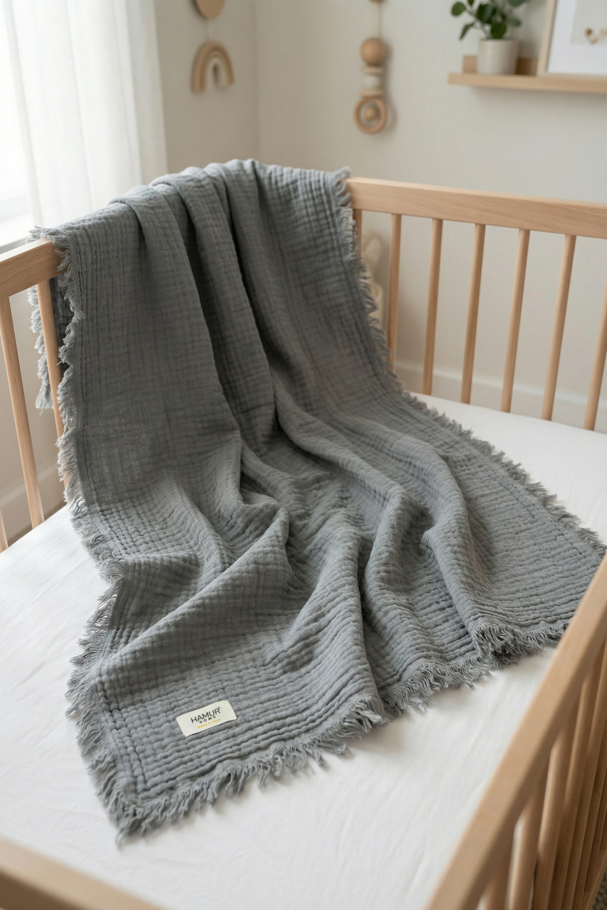 HAMUR Müslin Bebek Pikesi %100 Pamuk 85x100 cm Yenidoğan Bebek Arabası Puset Örtüsü Kundak Battaniye Gri