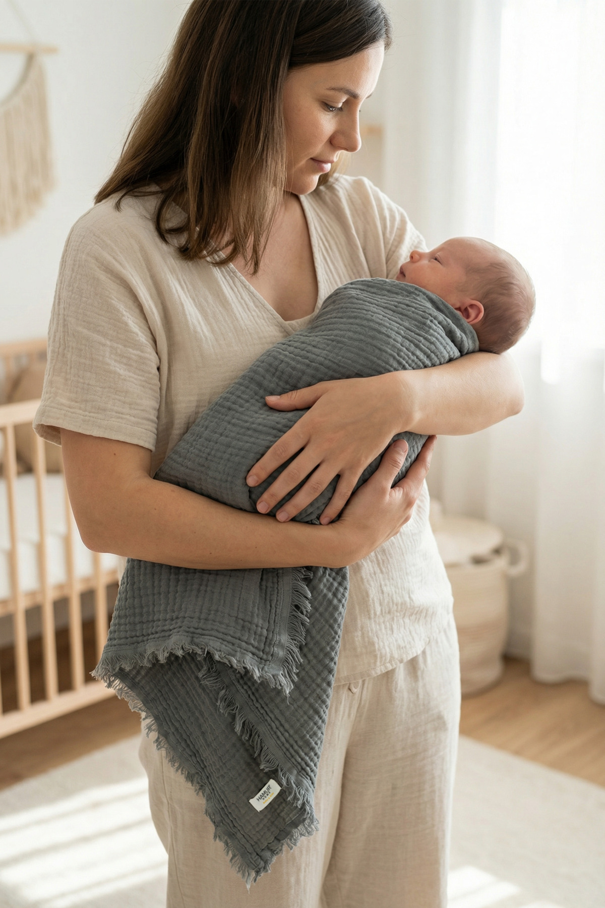 HAMUR Müslin Bebek Pikesi %100 Pamuk 85x100 cm Yenidoğan Bebek Arabası Puset Örtüsü Kundak Battaniye Gri - Görsel 2