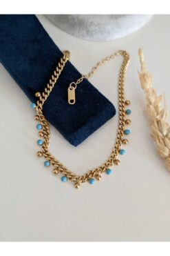 SU PERİSİ TAKI BİJUTERİ Çelik Kararmaz Mavi Detaylı Zincir Halhal