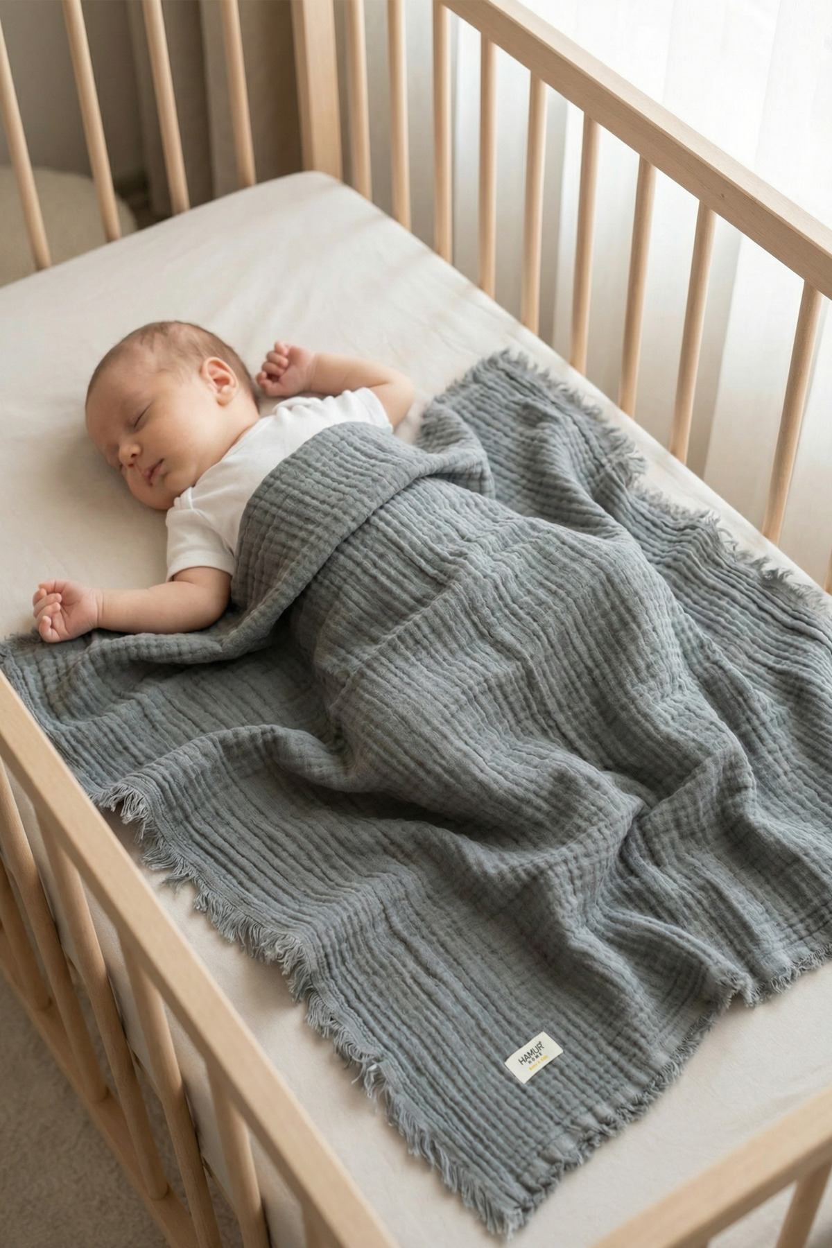 HAMUR Müslin Bebek Pikesi %100 Pamuk 85x100 cm Yenidoğan Bebek Arabası Puset Örtüsü Kundak Battaniye Gri - Görsel 3