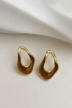 Glaren Asimetrik Kahve Mineli Altın Renk Kadın Küpe