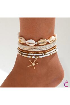 Cinderella Yıldızlı Deniz Kabuğu 7'li Kombin Kadın Halhal - Yazlık Boncuklu Taşlı Halhal