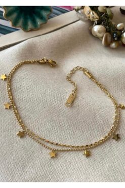 SU PERİSİ TAKI BİJUTERİ Çelik Gold Dorika Zincir Detaylı 2 Sıralı Yıldız Halhal