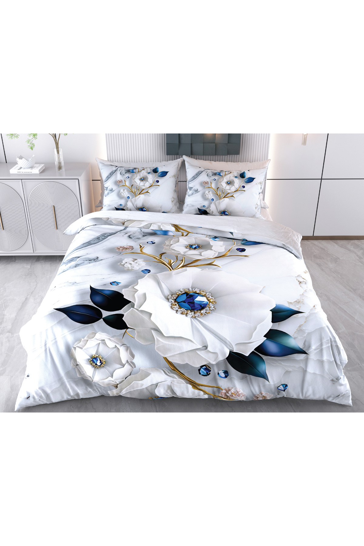 Evimemoda Elmas Çiçek Dijital Baskılı 3D 3 Boyutlu Çift Kişilik Nevresim Takımı Kod: Monel