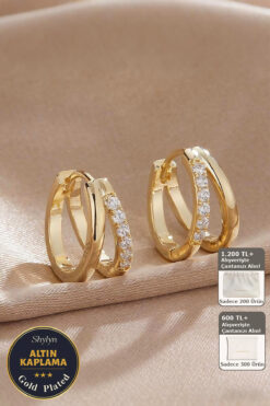 Shylyn 925 Gümüş İğneli Çift Halka Zirkon Taşlı Altın Kaplama Küpe