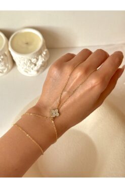 YOUES JEWELRY ÇELİK 14k Altın Renk Şahmeran Bileklik Gold Kadın Yonca Taşlı Şahmeran