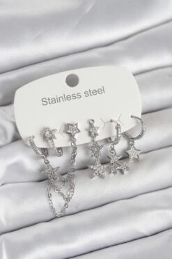 Clariss 316L Çelik Gümüş Renk 6'lı Set Zincirli Yıldız Modelli Kadın Küpe