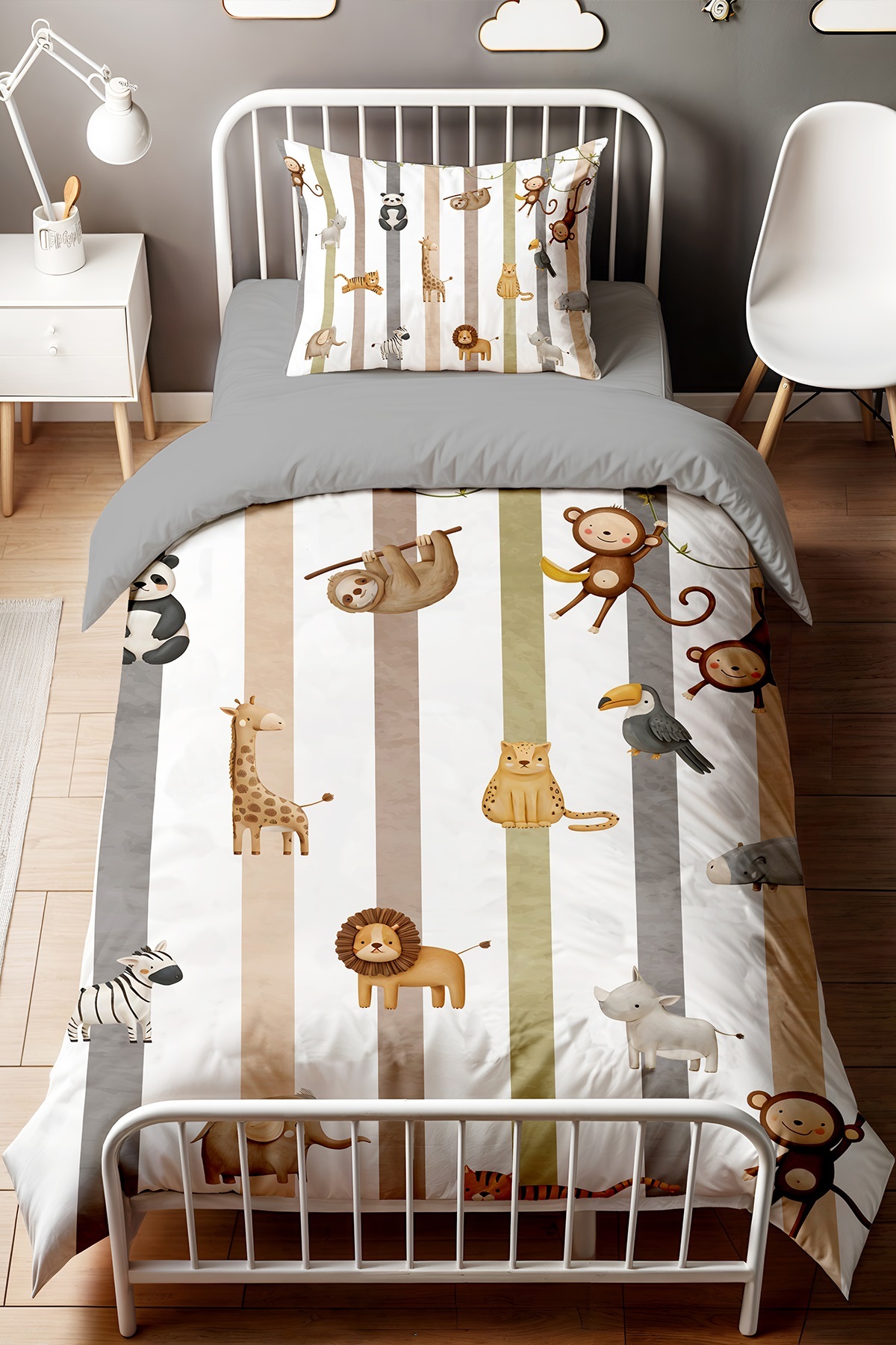 EVPANYA Çizgiler ve Hayvanlar Desenli Tek Kişilik Bebek Çocuk Nevresim Seti - Görsel 2