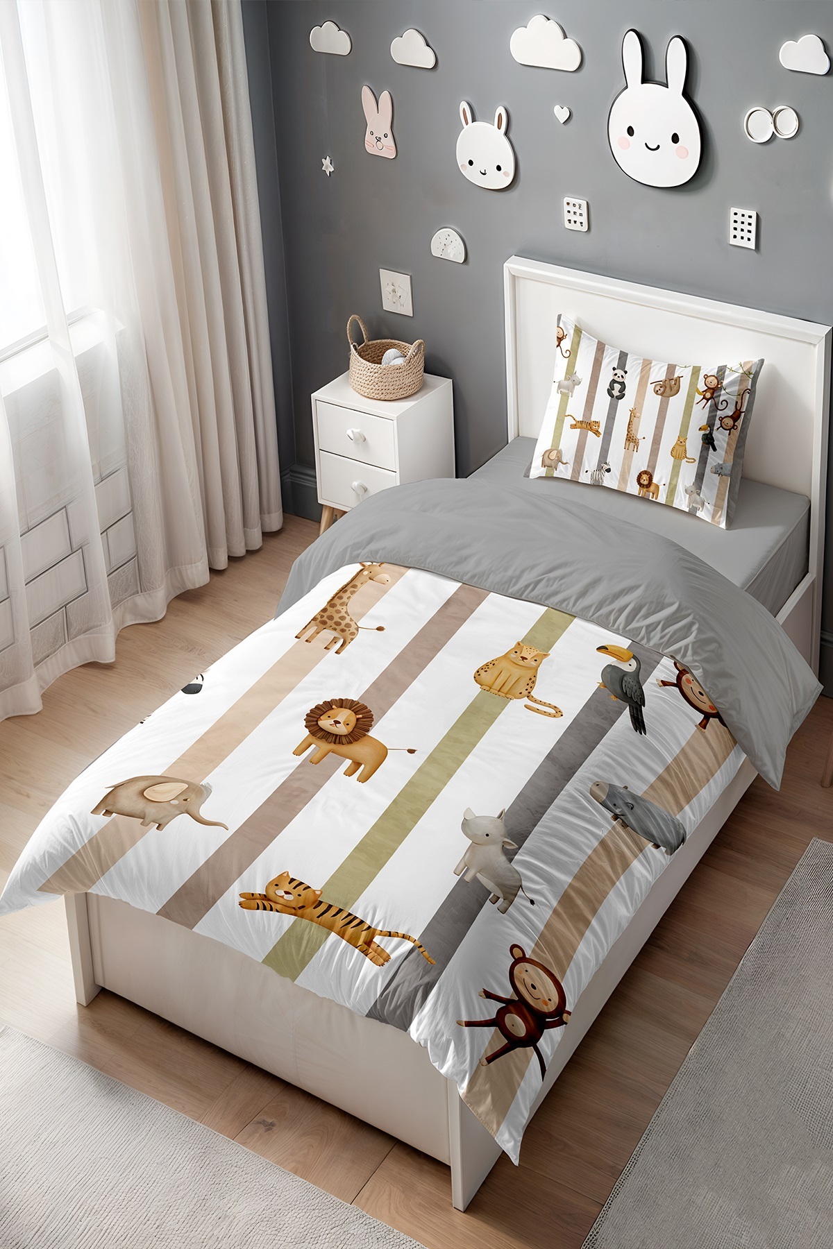 EVPANYA Çizgiler ve Hayvanlar Desenli Tek Kişilik Bebek Çocuk Nevresim Seti - Görsel 3