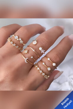 The Collection 9'lu Kombin Eklem Gold Taşlı Yüzük Set