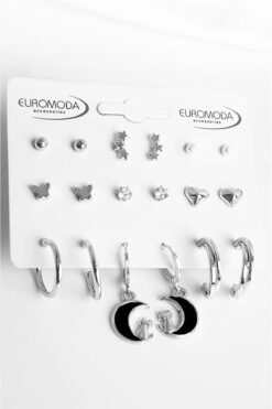 EUROMODA Ay Kedi Kelebek Sıralı Yıldız ve Kalp Tasarımlı İnci Zirkon Halka ve Top Küpeli 9lu Küpe Seti