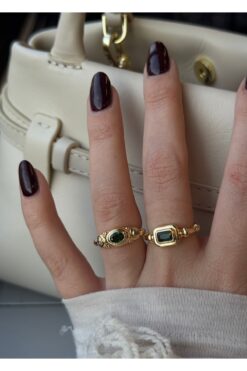 KİLİGİSTANBUL Arlo Yeşil Taşlı 2'li Vintage Yüzük