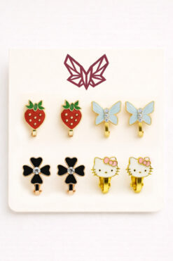 MakeWell Ekonomik Paket Deliksiz küpe Fiyonk Kalp Çiçek Hello Kity Yonca Kiraz Tasarımlı Sıkıştırmalı Küpeler