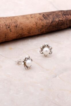 Sümer Telkari İnci Taşlı Çiçekli Telkari İşlemeli Mini Gümüş Küpe 5081