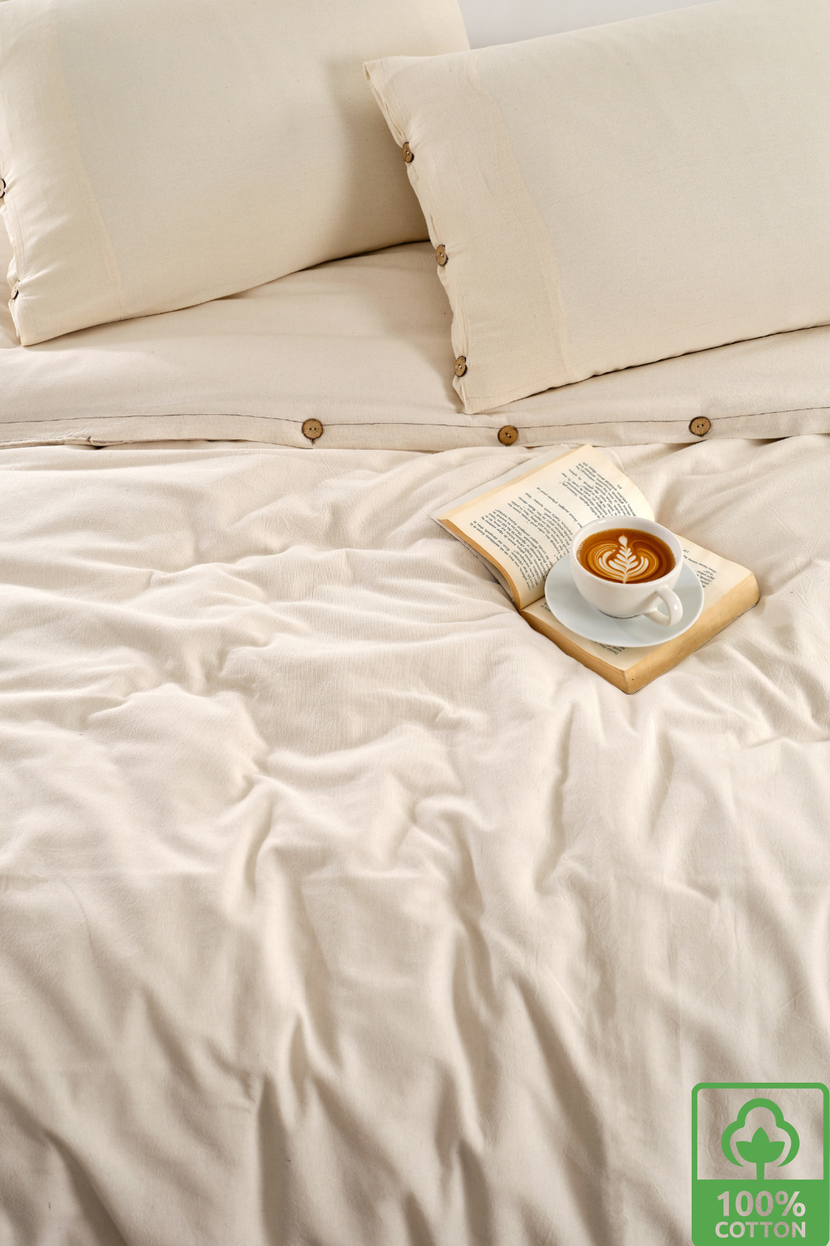 WEXSA %100 Pamuk Doğal Natural Boyasız Çift Kişilik Düğmeli Nevresim Seti