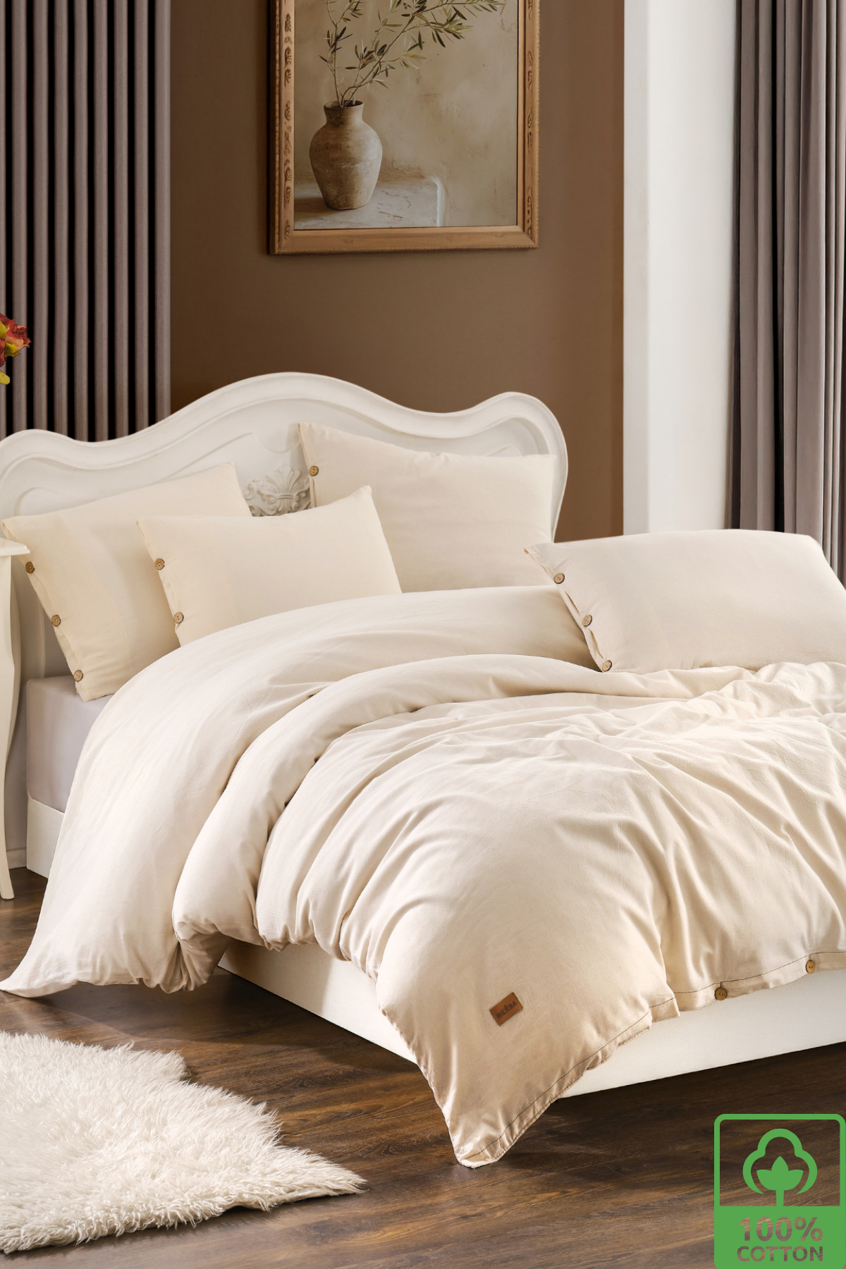 WEXSA %100 Pamuk Doğal Natural Boyasız Çift Kişilik Düğmeli Nevresim Seti - Görsel 2