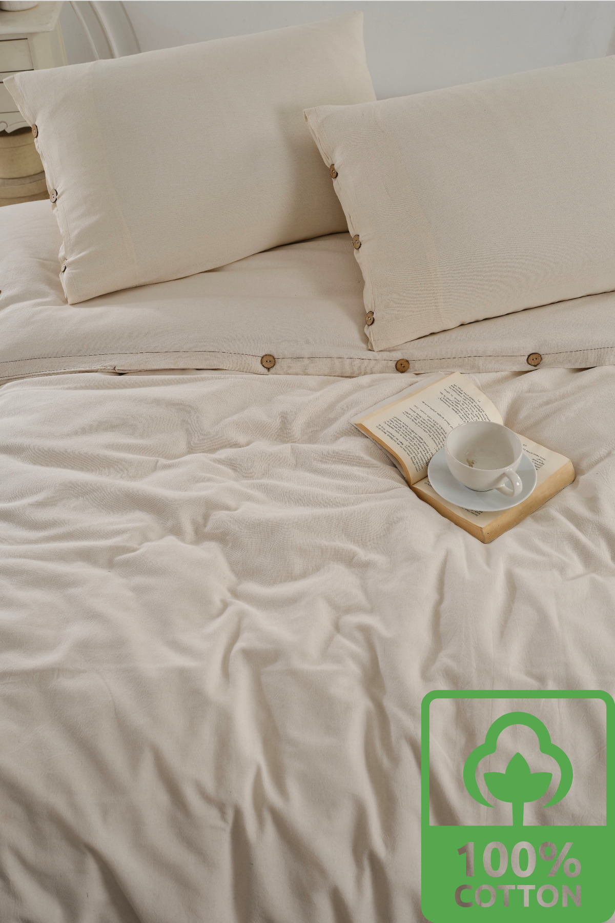 WEXSA %100 Pamuk Doğal Natural Boyasız Çift Kişilik Düğmeli Nevresim Seti - Görsel 3