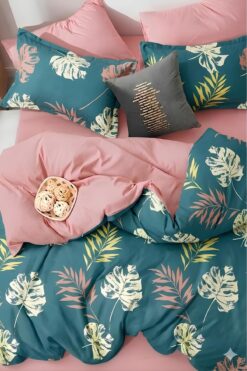 İQON Lastikli Çarşaflı Nevresim Takımı Çift Kişilik Leaf Petrol