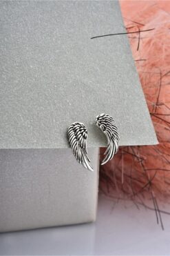 jelux silver Gümüş 925 Ayar Melek Kanadı Işlemeli Çivili Küpe
