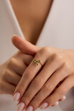 Nereze 925 Ayar Gümüş Ayarlanabilir Gold Kaplama Minimal Zeytin Dalı Yüzük