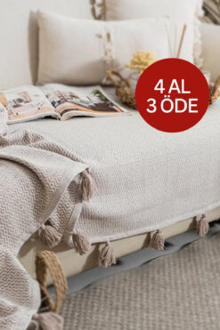 Lux Touch Lavi Ponponlu Bej Koltuk Örtüsü 115 x 200 cm Kanepe Divan Çekyat Berjer Örtüsü Şalı Püsküllü