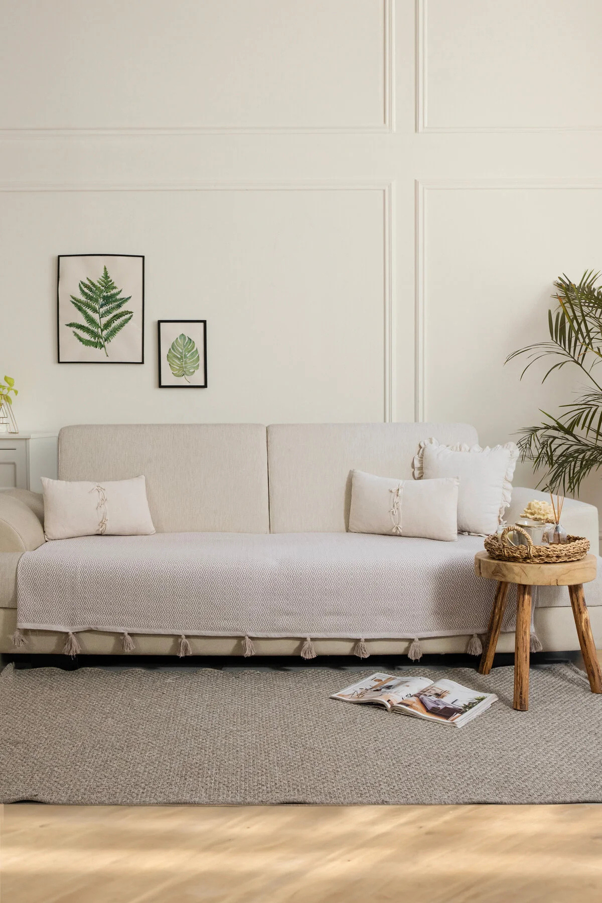 Lux Touch Lavi Ponponlu Bej Koltuk Örtüsü 115 x 200 cm Kanepe Divan Çekyat Berjer Örtüsü Şalı Püsküllü - Görsel 2