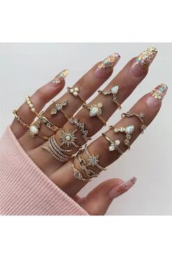 MURASSA BUTİK Kadın Altın Renk 17'li Antik Bohem Yüzük Set