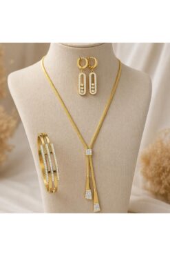 Romea Zirkon Taşlı İtalyan Zincir Kolye & Bileklik & Küpe Takı Seti, Çelik Takı Set, Zarif Hediyelik Set