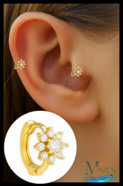 MAZEN 1 Adet Gümüş Kaplama Çiçek Model Tragus Helix Küpe | Kararmaz Kaliteli Piercing Küpe | Gold Renk