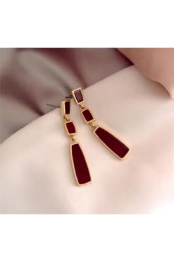 Pelin Aksesuar Bordo Mineli Uzun İnce Küpe