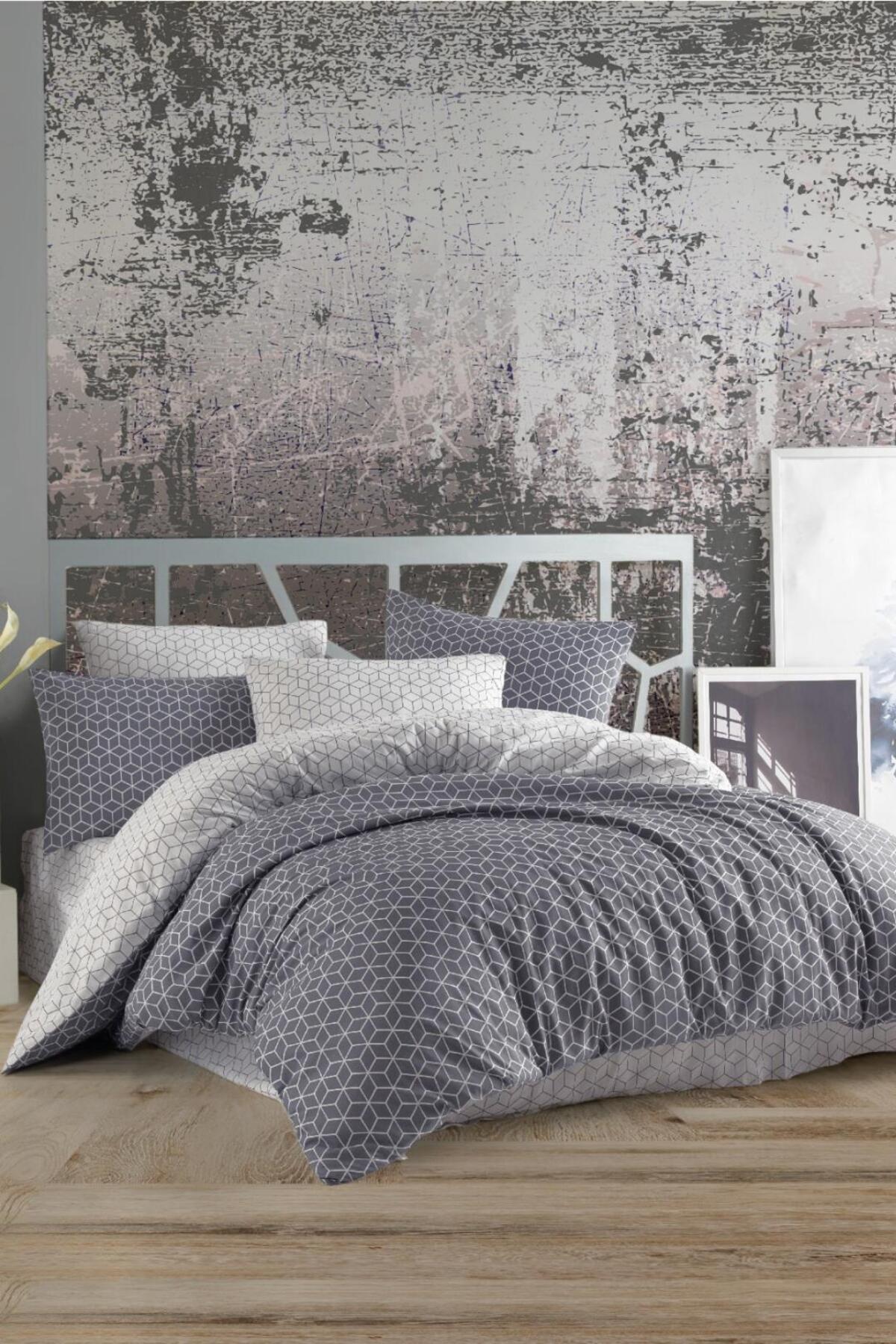 Taç Kristal Çift Kişilik Terry Cotton Puzzle Gri Nevresim Takımı