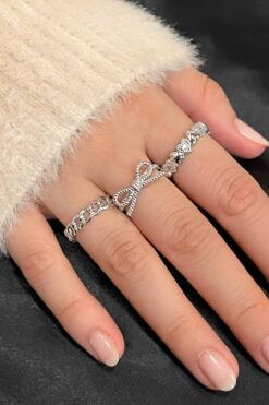 TREND COLLECTİON Zirkon Taşlı Gümüş Zarif Ayarlanabilir Zincir, Fiyonk, Kalp 3'lü Kadın Yüzük Seti