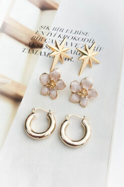 roshel 3 Çift Küpe Seti,Kuzey Yıldızı,Lotus Çiçek,Halka Küpe