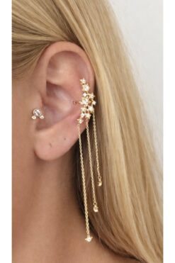 AychaAksesuar Çelik vip sallantılı zincirli zirkon taşlı yıldızlı deliksiz geçirmeli kıkırdak küpe