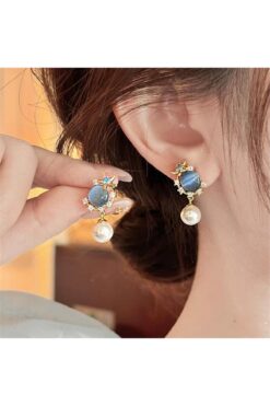 Pelin Aksesuar Mavi Kedi Gözü Taşlı İnci Sallantılı Küpe