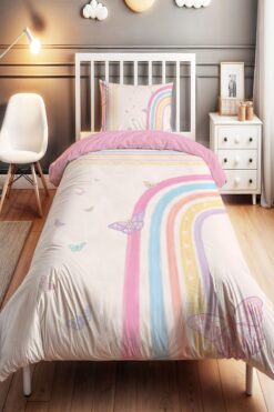 EVPANYA Kelebekli Gökkuşağı Desenli Tek Kişilik Bebek Çocuk Nevresim Seti