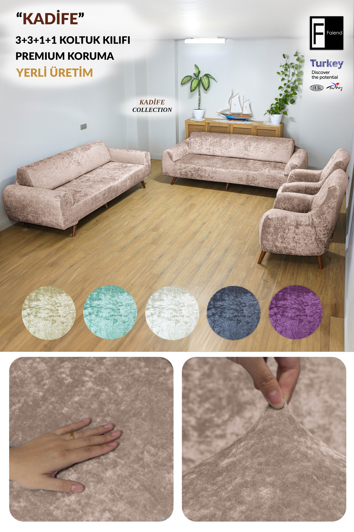 Faiend Kadife 3 3 1 1 Kahverengi Lastikli Kanepe Örtüsü | Lastikli Koltuk Örtüsü | Koltuk Kılıfı