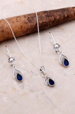 Sümer Telkari Telkari İşlemeli Gümüş Elişi Safir Set 2194