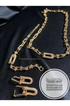 Genel Markalar Gold Tiffany Zincir Zirkon Taşlı Kolye Bileklik Küpe 3lü Takım