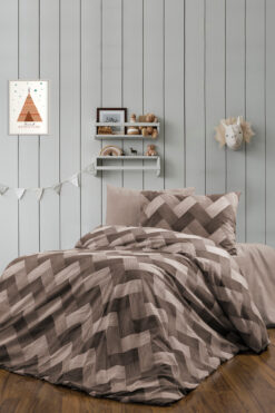 CANDAN ÇEYİZ Lastikli Çarşaflı Tek Kişilik Nevresim Takımı Zikzak Kahve