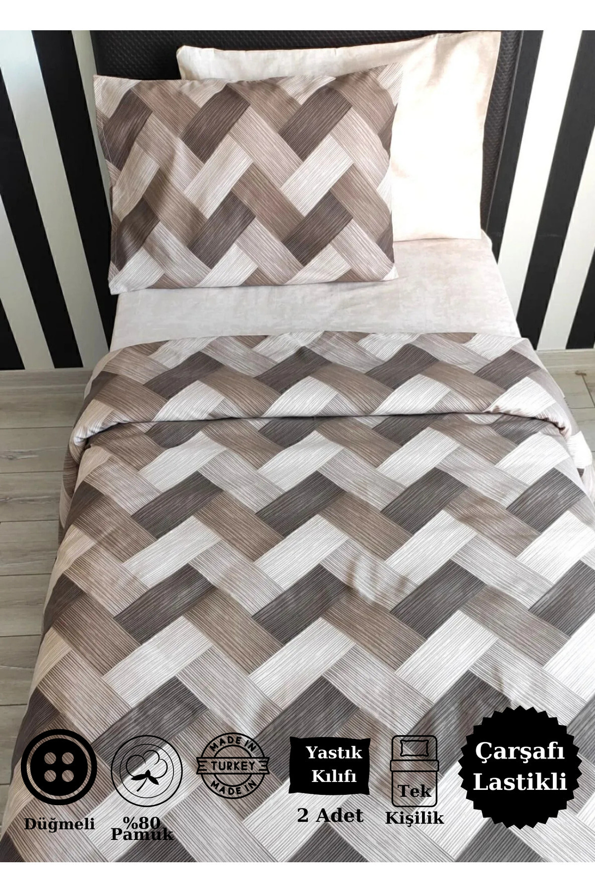 CANDAN ÇEYİZ Lastikli Çarşaflı Tek Kişilik Nevresim Takımı Zikzak Kahve - Görsel 2