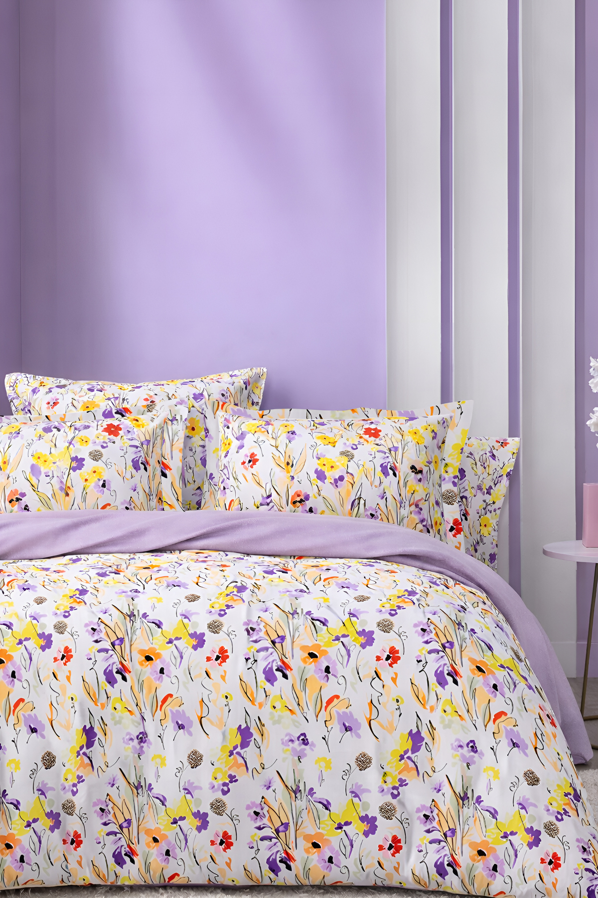 İQON Lastikli Çarşaflı Nevresim Takımı Çift Kişilik LİLAC BEYAZ