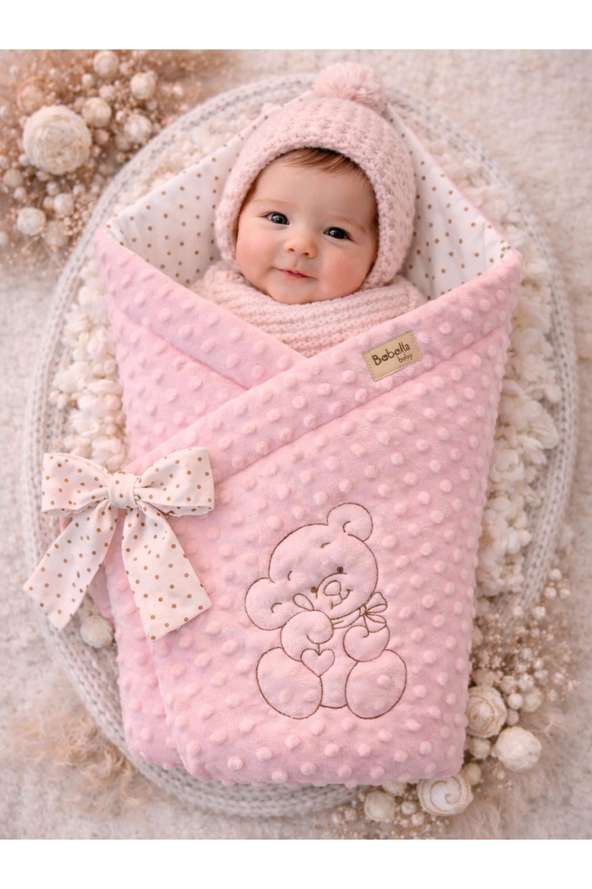 Bebella Pembe Kız Nohut Bebek Battaniyesi & Kundağı Ayıcık İşlemeli Hastane Çıkışı Yenidoğan Örtü / Yorgan