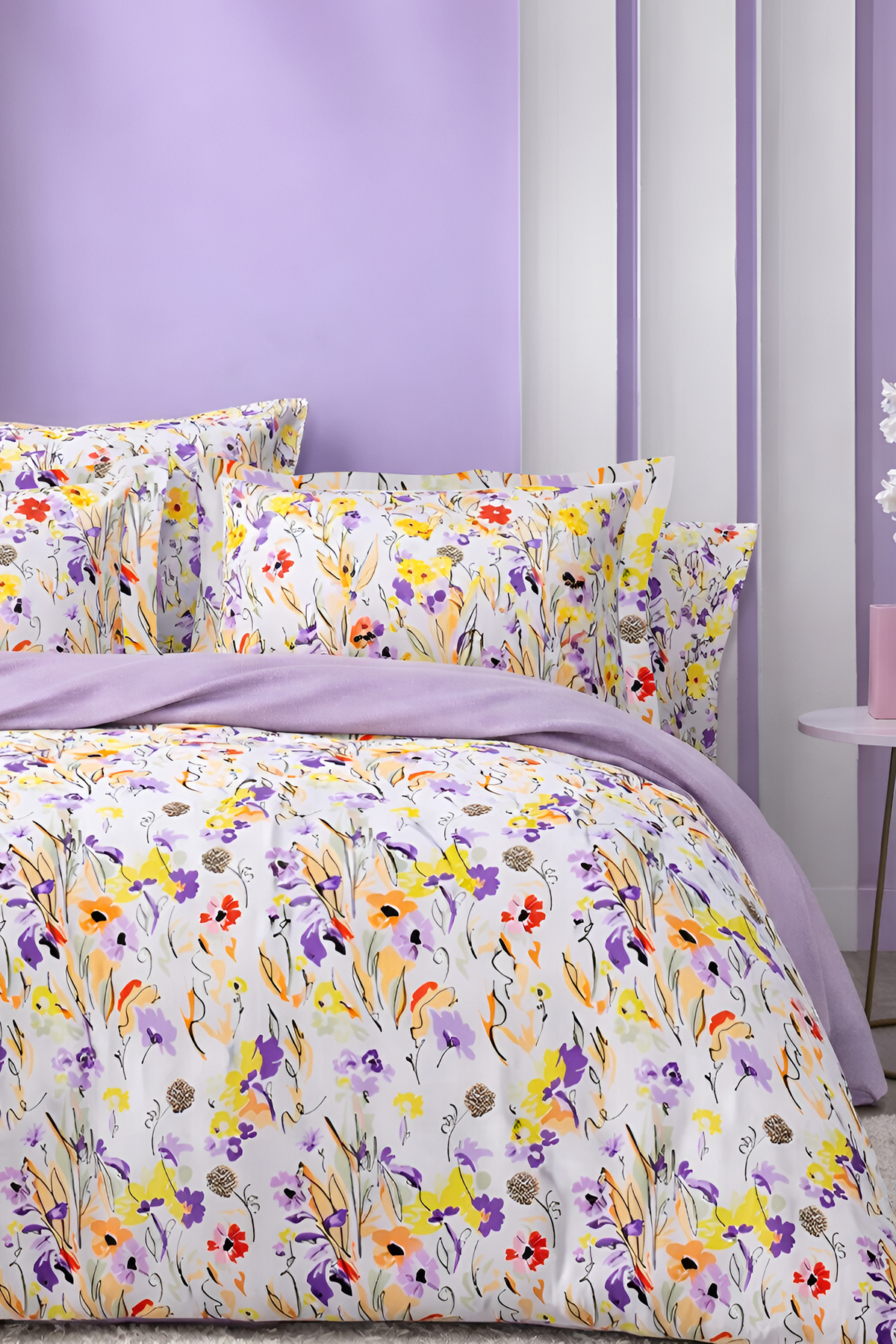 İQON Lastikli Çarşaflı Nevresim Takımı Çift Kişilik LİLAC BEYAZ - Görsel 2