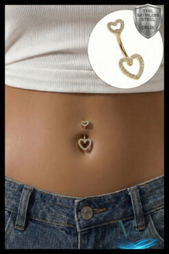 MAZEN 316L Cerrahi Çelik Zirkon Taşlı Çift Kalp Figürlü Göbek Piercingi