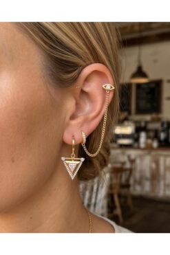 MERVAN TAKI 3’lü Kombin Zincir Detaylı Küpe Seti – Göz Figürlü Taşlı Halka Modern Kadın Küpe