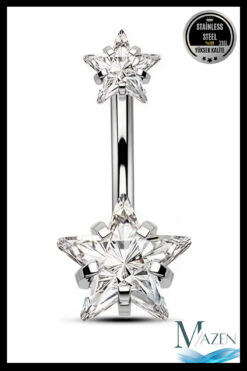 MAZEN Yıldız Zirkon Taşlı Göbek Piercing | 316L Çelik | Kadın Takı Aksesuar | Pirsing