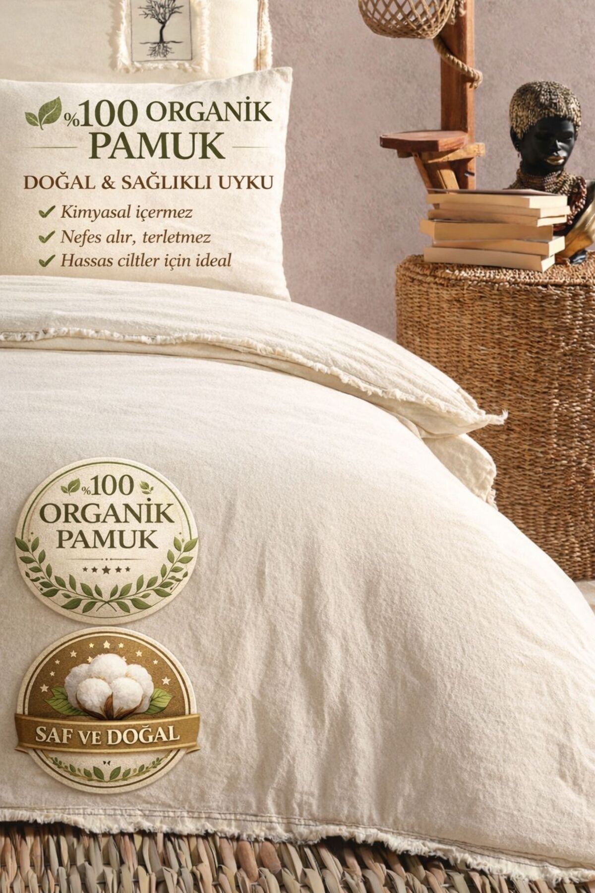 Uçkan home %100 Organik Pamuk 6 Parça Yıkanmış Kumaş Çift Kişilik Püsküllü Nakışlı Nevresim Takımı - Görsel 2